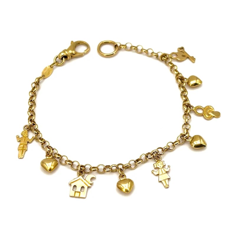 18K Yellow Gold 1990s Charm Bracelet 9 Dangling Charms: Heart, Lock, , Baby, House - 9g, 19cm: Charming 1990s bracelet in 18K yellow gold, featuring nine playful dangling charms including a heart with lock and key, baby boy, pacifier, baby girl, little house with moon, and four tiny hearts. A f