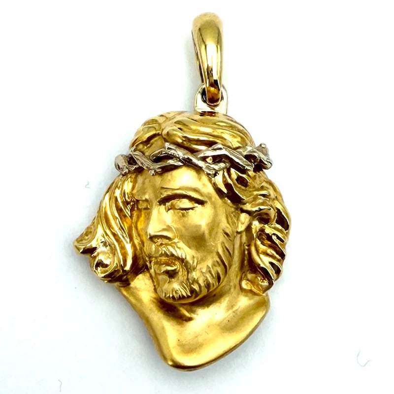 Emblematic and Artistic 18k Yellow Gold Chimento Vintage Christ Face Relief Pendant Sculpture, 9.46g (1 of 4)