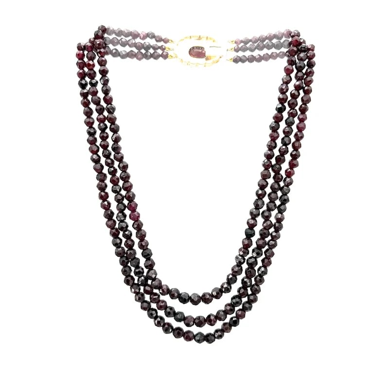Retro-Style Triple Strand Garnet Faceted Rondelle Necklace with 18k Yellow Gold clasp, 109.39g (1 of 6)
