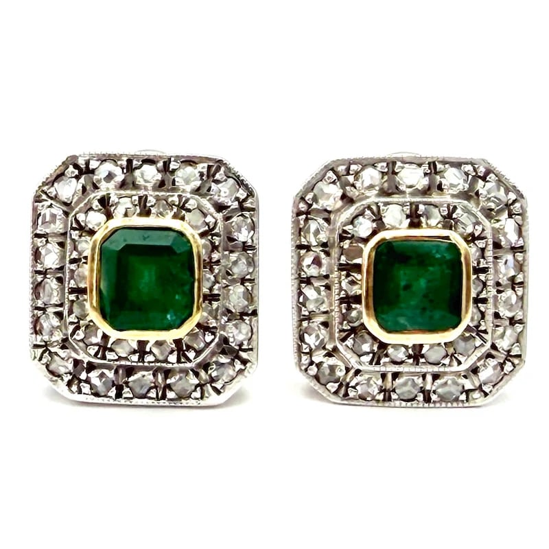 Striking Vintage 18K Yellow Gold Silver Clip Earrings with 3.5ct Emeralds and 0.60ct Diamonds, 9.58g: Striking vintage square-shaped clip earrings crafted in 18K yellow gold and silver, featuring vivid emeralds and shimmering diamonds. A refined retro-inspired design with a bold yet elegant look, show