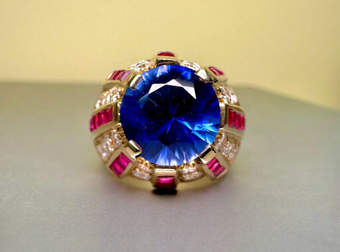 Royal 18k solid gold 15gr Pinky Ring with 0.60ct Diamonds 0.60ct Rubies and a wonderful Tourmaline: Royal 18k solid gold 15gr Pinky Ring with 0.60ct Diamonds 0.60ct Rubies and a wonderful Tourmaline Ring weight: 15.2gr grams Size: Us 5,5 24 x Natural Diamonds weighing 0.60ct VVS/G 30 x Natural Rubie