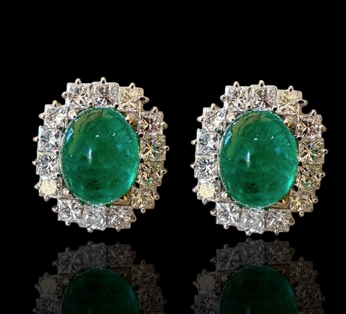 GRS Certified 14.00ct Stunning Cabochon Emerald enriched with extra white 5.60ct Diamond Earrings: GRS Certified 14.00ct Stunning Cabochon Emerald enriched with extra white 5.60ct Diamond Earrings For your Fashion Gala nights These wonderful high end Made in Italy Earrings 80's Huge GRS certified 1