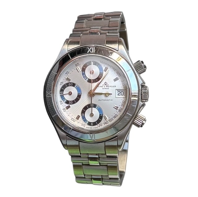 Baume & Mercier Automatic Chrono wristwatch: Baume & Mercier Automatic Chronograph Stainless Steel Swiss wristwatch The watch comes as you can see thru the pictures Case: 38mm - crown not included Perfectly working Original Box SKU: 8w Elegant &