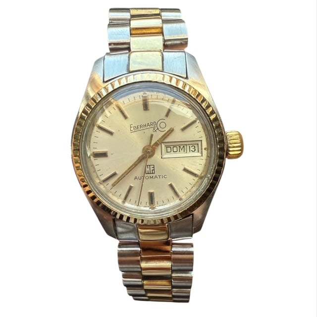 EBERHARD Automatic Date Gold and S/Steel Ladies wristwatch: EBERHARD Automatic Date Gold and S/Steel Ladies wristwatch The watch comes as you can see thru the pictures Case: 26mm crown excluded Perfectly working SKU: 25w Swiss Made Rare collection Timepiece