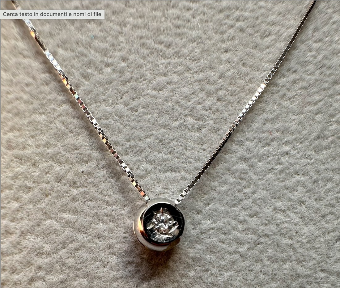 Sober Classic and Elegant 18k W solid gold Necklace with solitaire Diamond: Sober Classic and Elegant 18k W solid gold Necklace with solitaire Diamond Closed length: 8,8inch aprox SKU: 116c weight: 1.2gr Our company's certification is available for free, upon request