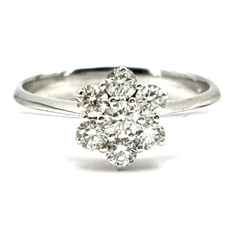 White gold and diamond flower ring; 0.58 ct ; 3.28 gr.: A bright, highly prized and eternal diamond flower! Circular daisy ring in 18 kt white gold with 0.58 ct total brilliant-cut diamonds. An eternal, must-have wonder of great value that will never fade!
