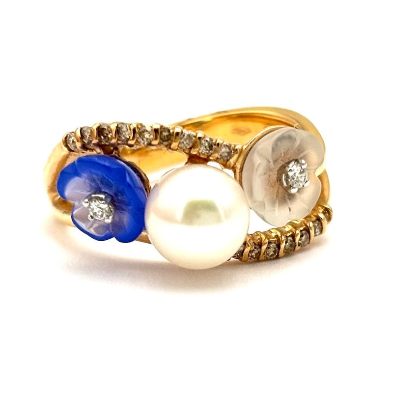 Rose band ring, pearl, gemstone flowers, brilliants and rose gold; 4.97 gr. (1 of 6)