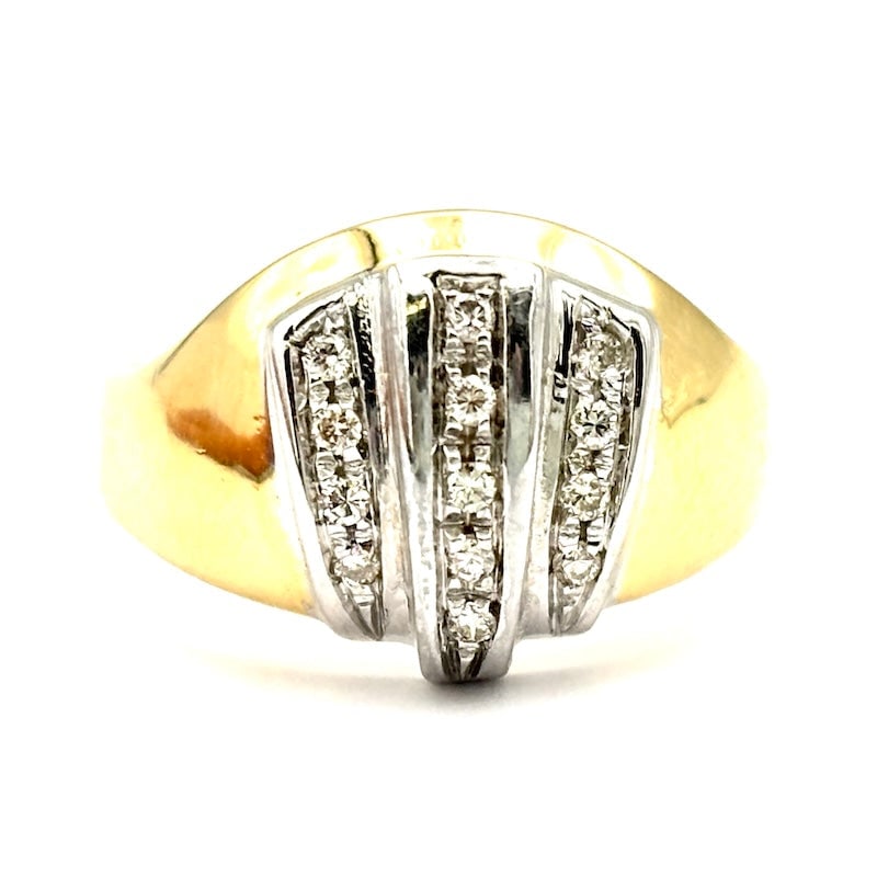 Vintage yellow gold ring and triple diamond track; 4.93 gr.: Stunning vintage 18kt yellow gold rounded band ring with triple diamond track insert on white gold. Romantic, comfortable, universal and precious! Our company's certification is available for free, up