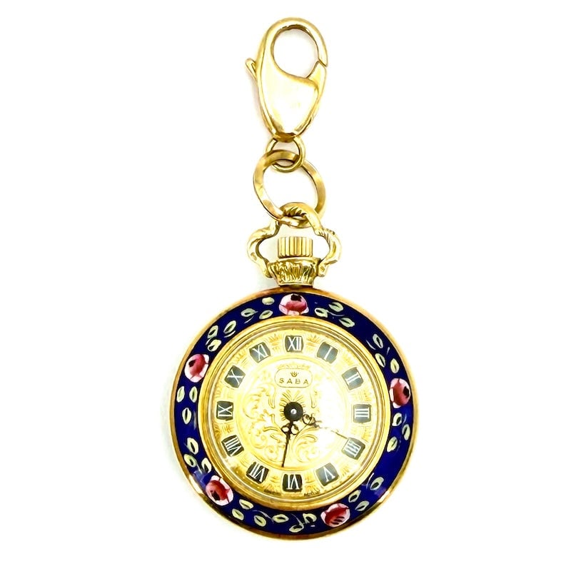 Vintage clock pendant, miniature, 18 kt yellow gold and enamels; 20.20 gr. (1 of 9)