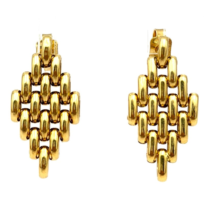 Yellow gold barrette rhombus dangle earrings - 2.9 cm; 5.9 g: An iconic pair of jointed diamond bar pendant earrings all in 18 kt yellow gold, mirrored! Used earrings reconditioned to new with universal and timeless design. Back with pin and butterfly back. Beau