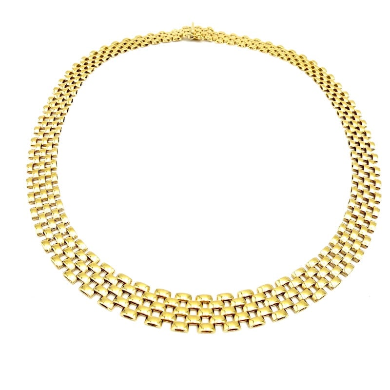 Yellow gold barrette necklace, choker; 41.77 gr - 45 cm: A fabulous yellow gold choker!!! Luminescent modern bar choker necklace, an all-purpose, smooth-link, mirrored, 18 kt yellow gold, ever-sought-after and absolutely like new! An ultra precious embrace!