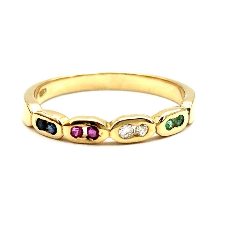 Vintage yellow gold, sapphires, emeralds, rubies and brilliants band/winder ring; 3.02 g (1 of 6)