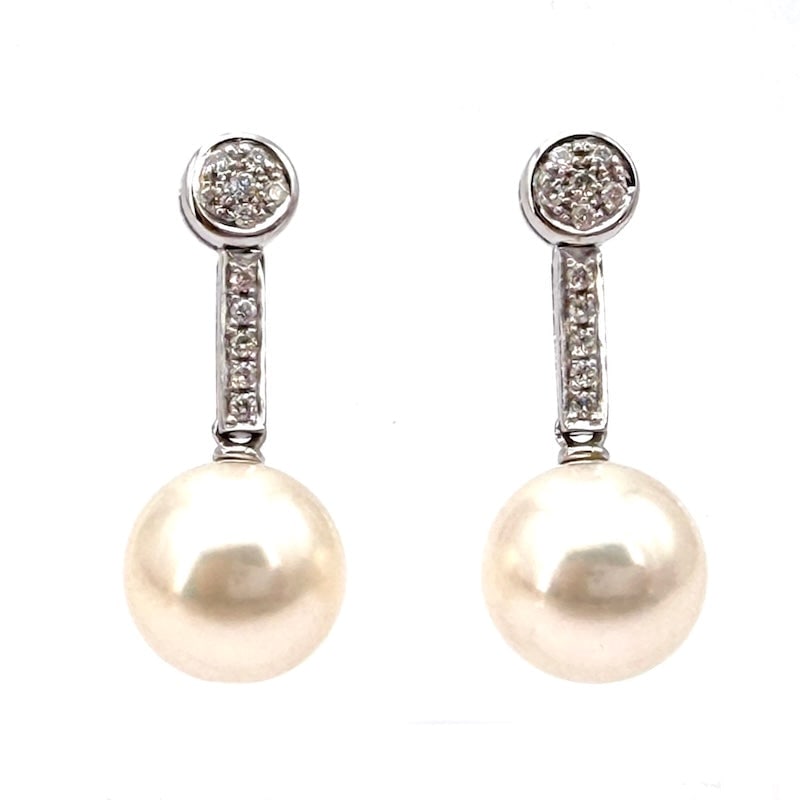 Australian pearl, diamond, and gold dangle earrings; 7.21 g: Nivei exquisite classic white gold pendant earrings with exclusive Australian pearls and diamonds. Large post and butterfly as back for a romantic, irresistible, very fine touch for the face. Incredib