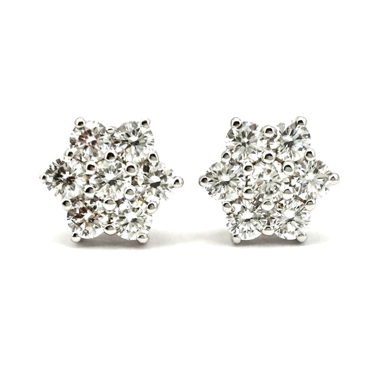 Gold and diamond circular daisies dot light earrings - 1.05 ct; 2.74 gr.: Magnificent circular daisy dot earrings with staggered petals in 18 kt white gold with 1.05 ct total brilliant-cut diamonds of F color, VS clarity. Back with post and butterfly. A guarantee of sparkle