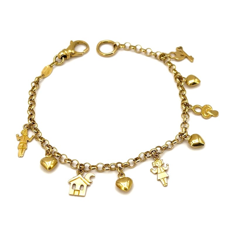 Bracelet charms (hearts, babies, little house, pacifier, key..) 18 kt yellow gold; 9 gr.: Very pretty 90s charm bracelet, in 18kt yellow gold, with hanging 9 tinkling charms representing: a heart with a padlock and key, a baby, a pacifier, a little girl, a little house with a moon and 4 li
