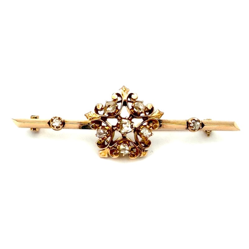 Early 20th century vintage brooch, gold and diamonds; 7.61 gr.: Bewitching and magical period jewel, authentic piece of brooch from the late 1800s, early 1900s. Our company's certification is available for free, upon request. If you wish to receive any other
