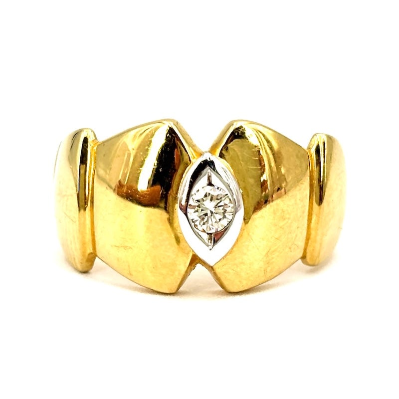Yellow gold band ring with solitaire diamond; 4.92 gr.: Beautiful 18 kt yellow gold high band ring, with solitaire diamond, central 10-15 points, mounted on white gold spool, for a ring as beautiful as it is comfortable ! Clean, comfortable and important g