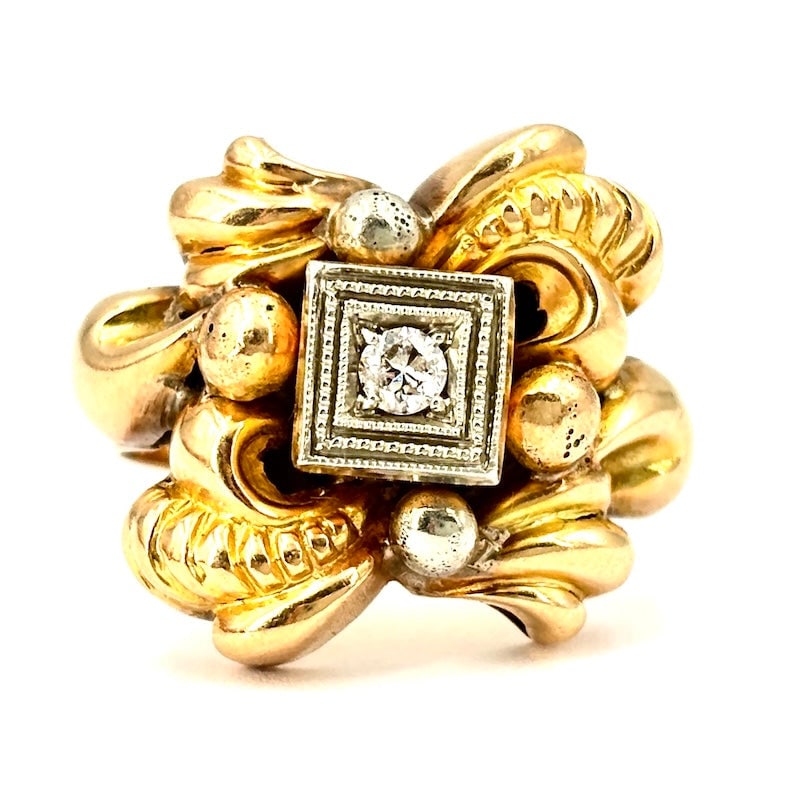 Antique cut men's solitaire pinky ring; 5.98 gr.: Extraordinary and artistic unisex vintage style pinky ring, 1940s-1950s, 18 kt gold, with antique-cut solitaire diamond light point for 0.08-0.10 ct. Masterful and highly worked antique-style setting 