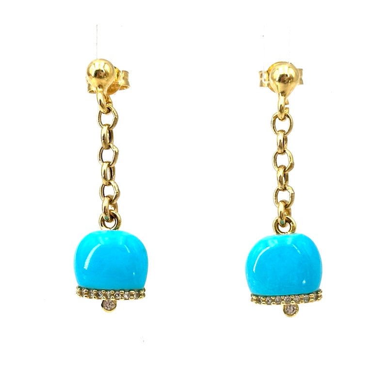 Natural turquoise camapanelle earrings, chain pendants, silver; 3.75 g - 3.4 cm: Adorables!!!! On-trend chain pendant bell charm earrings with shaped natural turquoise mounted on 925 gold-plated sterling silver. Pin and butterfly like back. Zircons and movable clapper, openwork an