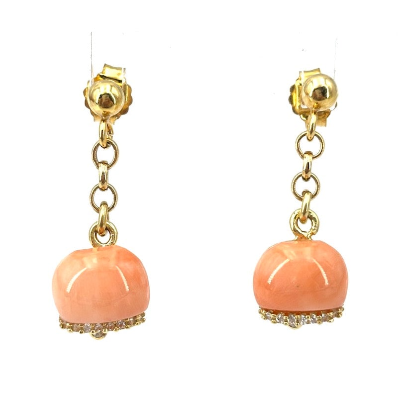 Pink coral camapanelle earrings, chain pendants, sterling silver; 3.75 g - 2.8 cm: Adorables!!!! On-trend chain pendant bell charm earrings with shaped natural pink coral mounted on 925 gold-plated sterling silver. Pin and butterfly like back. Zircons and movable clapper, openwork a