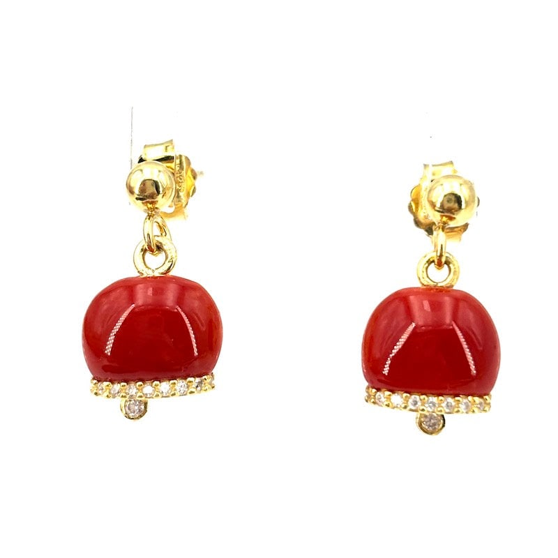 Red coral camapanelle earrings, silver; 3.4 g - 2 cm: Adorable!!!! Trendy bell charm dangle earrings with shaped natural red coral mounted on 925 gold-plated sterling silver. Pin and butterfly like back. Zircons and movable clapper, openwork and super gl