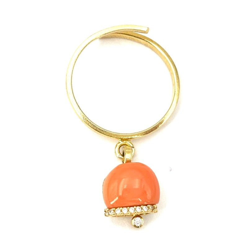 Design bell charm ring, pink coral and sterling silver; 2.9 gr.: Adorableeee!!!! Trendy bell charm ring with shaped natural pink coral mounted on 925 gold-plated sterling silver. Adjustable ring. Zircons and movable clapper, openwork and super glamorous details! A 