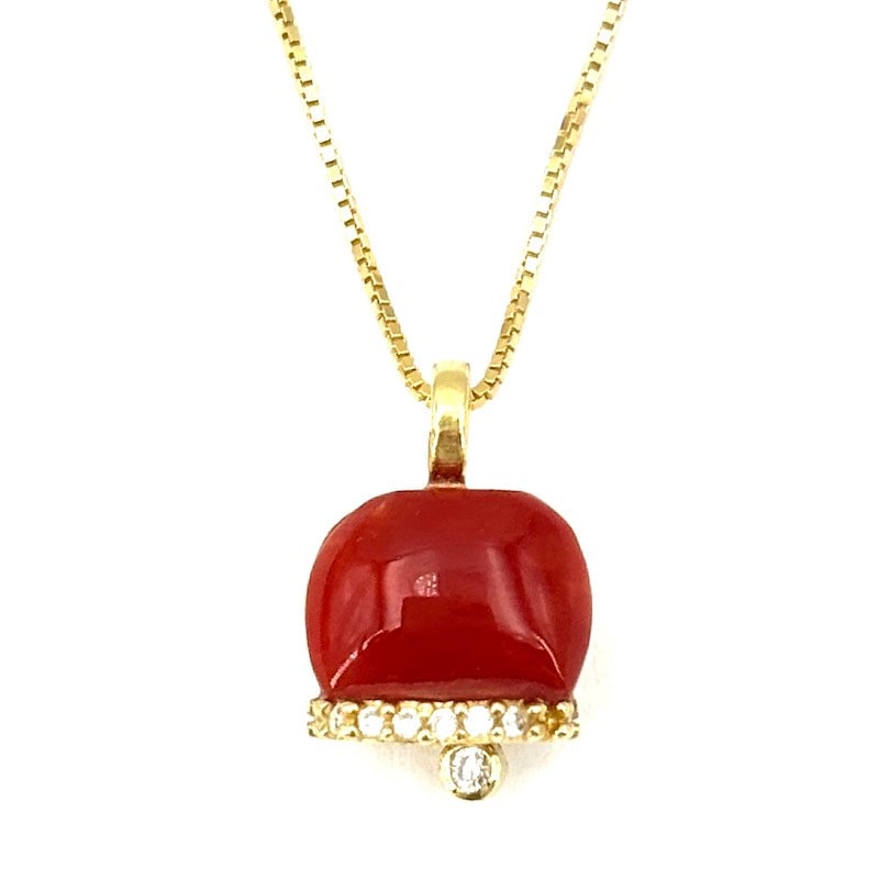Natural red coral and gold-plated silver bell pendant; 3.1 gr.: Adorableeee!!!! Trendy bell pendant with shaped natural red coral mounted on gold-plated 925 sterling silver. 44 cm Venetian chain in 925 gold-plated sterling silver included. Zircons and movable clap