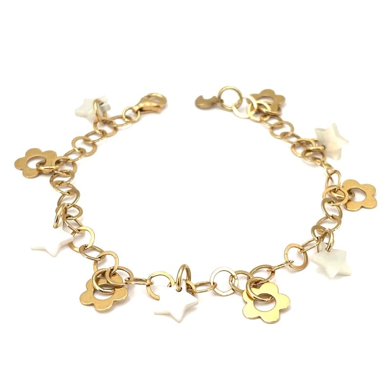 Bracelet charms gold flowers and mother-of-pearl stars, yellow gold; 6.7 gr - 17.5 cm: Very pretty charm bracelet, in 18kt yellow gold, with dangling yellow gold tinkling flowers and mother-of-pearl star charms. A small, fresh, young delight! Our company's certification is available for