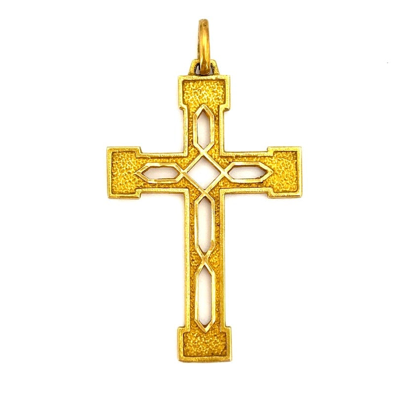 Yellow gold men's cross pendant - 5.7 cm x 3.2 cm; 8.41 gr.: Occasion of massive, machined and pierced men's cross pendant in 18 kt yellow gold. An artistic, straightforward, bold design for an imposing essentiality. Our company's certification is available for
