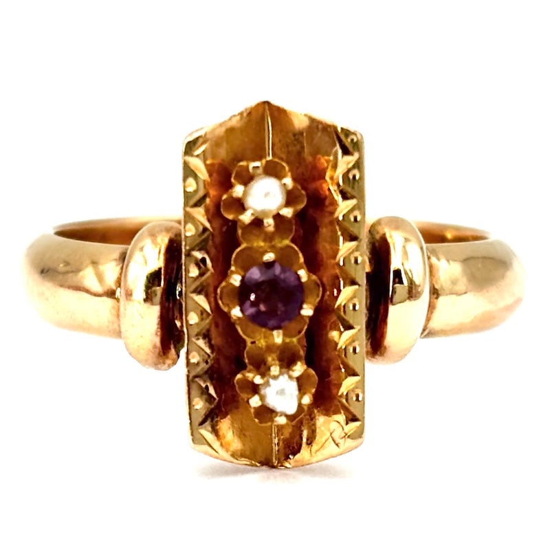 Vintage ring, trilogy microbeads, synthetic ruby and rose gold; 2.41 g (1 of 7)