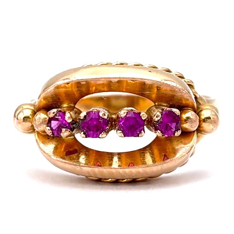 Vintage 1950s ring, rubies and yellow gold; 5.5 gr.: Delightful vintage ring proposal, ruby riviera on demode mount! Stylish yellow gold jewelry with central row of 4 rubies. A jewel with timeless retro taste, at an incredible price ! Our company's cert