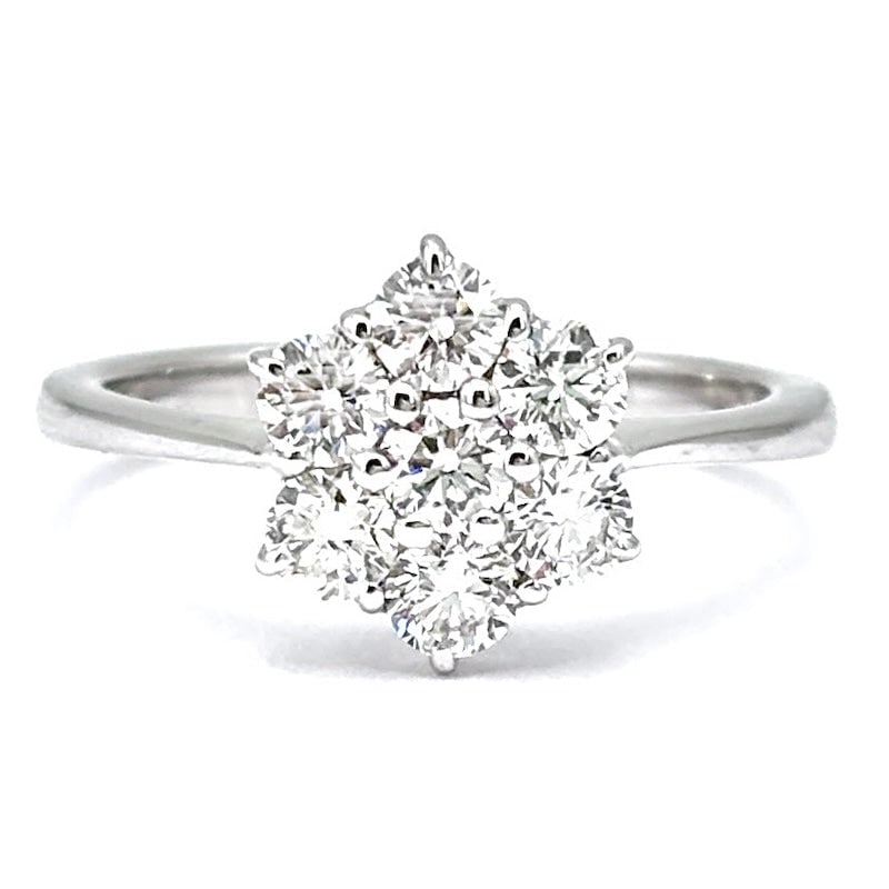White gold and diamond flower ring; 0.98 ct ; 3.83 gr.: A bright, highly prized and eternal diamond flower! Circular daisy ring in 18 kt white gold with as many as 0.98 ct of 7 total brilliant-cut diamonds. An eternal, must-have wonder of great value that 