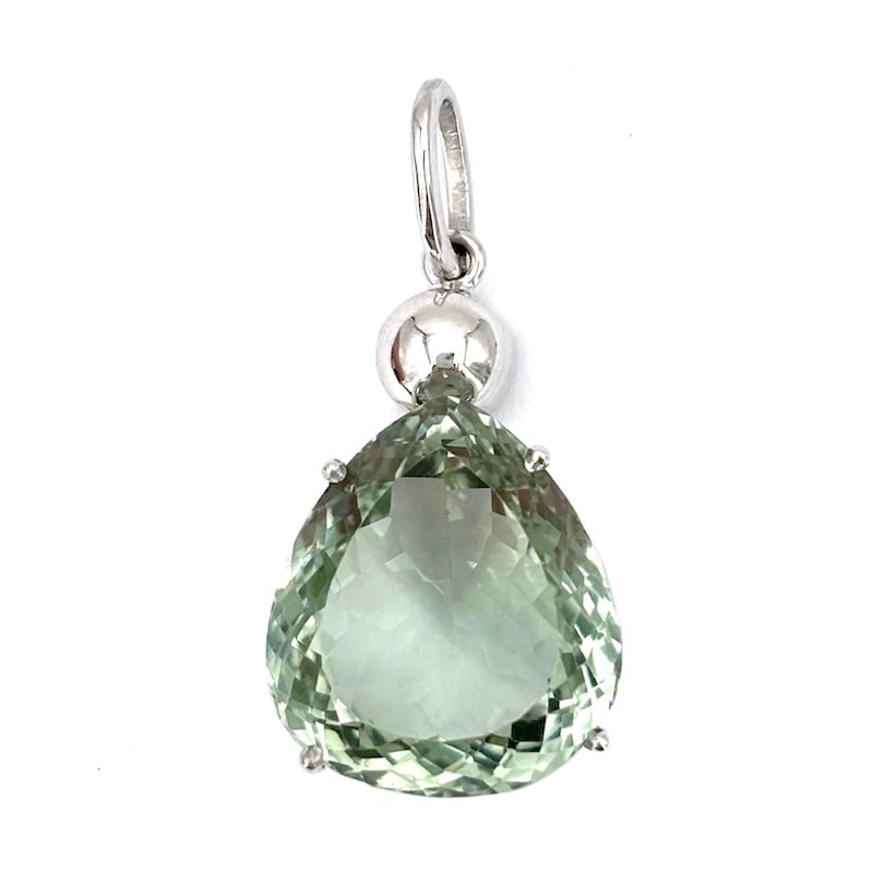 Green aquamarine pendant, white gold; 7.4 gr.: A celestial green gemstone beauty, transparent and refined! Open-mounted green aquamarine drop pendant brioletted in white gold. Simple, unusual and enchanting. Our company's certification is availabl