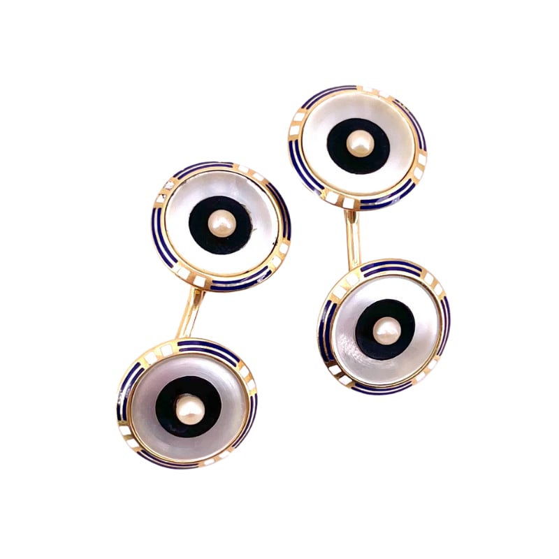 Vintage gold, mother of pearl and enamel cufflinks; 7.69 gr.: Very elegant and original vintage men's or unisex jewelry, authentic style accessory, 1950s! Our company's certification is available for free, upon request. If you wish to receive any other internati