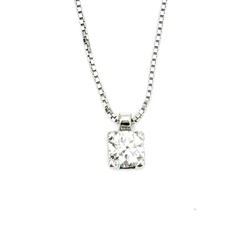 Solitaire and gold brilliant point light pendant - 0.32 ct; 2.12 gr.: Precious and essential 18 kt white gold solitaire brilliant-cut diamond point pendant for 0.32 ct, FG color and VS clarity. Mounted with 4 griffes with a diameter of 0.5 cm. 41 cm 18 kt white gold cha