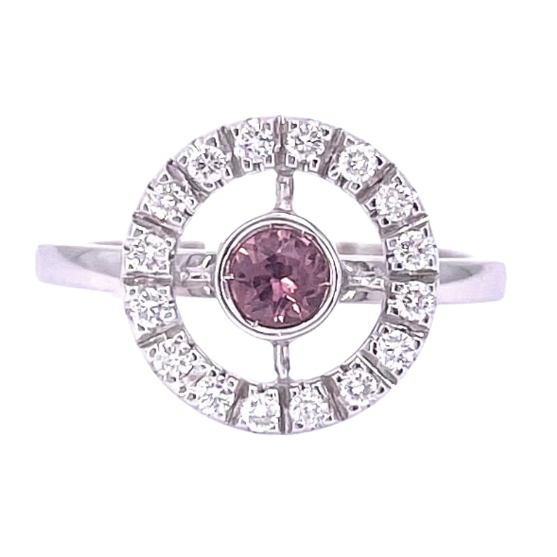 Circle ring brilliants and pink tourmaline, white gold; 4 gr.: Contemporary and eternal circle of brilliants, with central round-cut pink tourmaline! Essential and unavoidable circularity, with a touch of color! Our company's certification is available for free, 