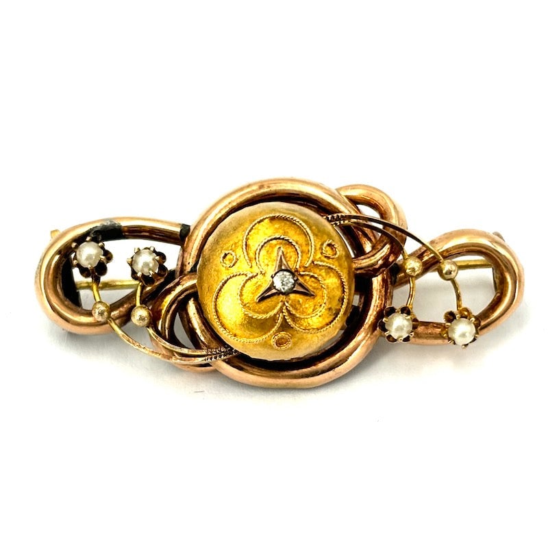 Vintage brooch late 1800s, gold and microbeads; 4.54 gr.: Bewitching and magical period jewel, authentic piece of brooch from the late 1800s. Our company's certification is available for free, upon request. If you wish to receive any other international lab 