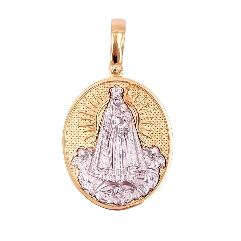 Our Lady of Guadalupe medal pendant, two-tone gold; 14.28 gr.: Emblematic and mighty sacred medal pendant in solid 18 kt yellow and white gold, depicting Our Lady of Guadalupe, carved in low relief. A true little work of goldsmith art, which we hope will always p