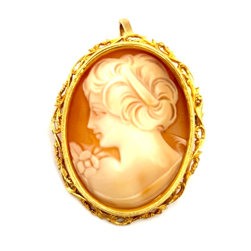 Cameo and gold pendant-pin; 8.66 gr.: Taste of old-fashioned romance for this stunning vintage pendant-pin with hand-engraved cameo of a lady's face on carnelian shell. An artistic old school gem, mounted on 18 kt gold, with rich and exqu