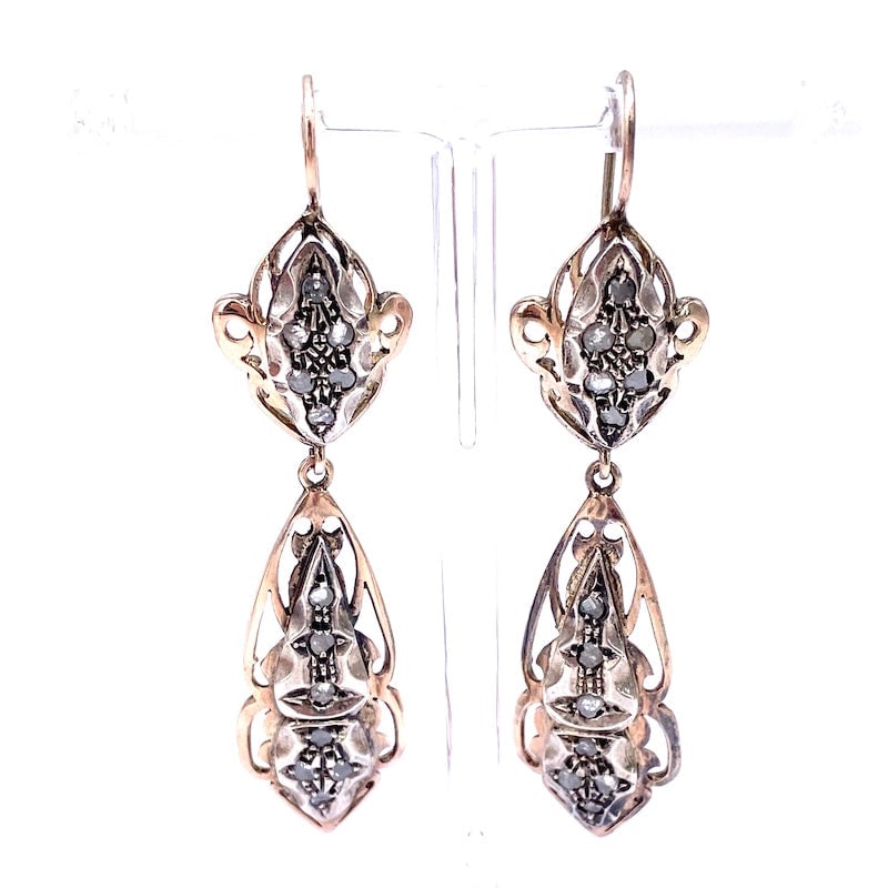 Antique-style dangle earrings, diamonds, gold and silver - 7.5 cm; 16.41 g: Romantic and wonderful styled, vintage, yet old-fashioned dangle earrings in 9 kt gold, with diamonds mounted on sterling silver. Stunning! Our company's certification is available for free, upon requ