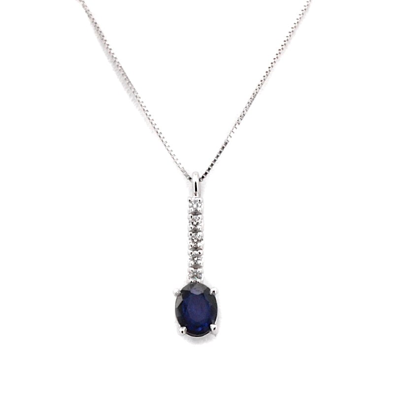 Sapphire, diamonds and gold mini match pendant; 1.19 gr.: Delightful, super elegant, fine and super inexpensive. 18K white gold mini match pendant with sapphire oval for 0.50 ct total and brilliant-cut diamonds for 0.06 ct. The pendant, including a 45-cm