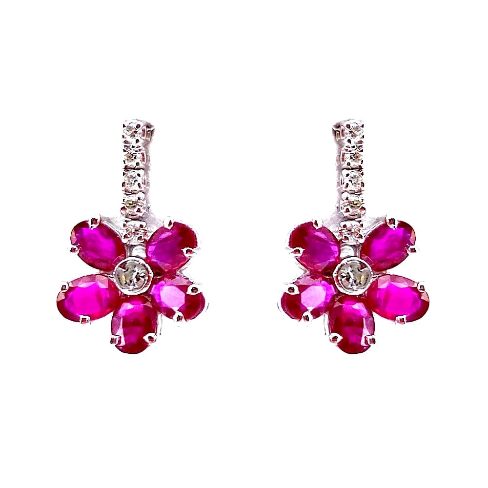 Rubies and mini matchstick flower earrings, diamonds and gold; 2.55 gr.: Pendants with ruby flower and mini diamond match, in white gold. A fine, romantic and graceful piece of jewelry suitable for all age groups! Our company's certification is available for free, upon req