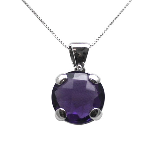 Synthetic amethyst and gold pendant; 4.31 gr.: A contemporary pendant in 18K white gold featuring a faceted synthetic hydrothermal amethyst secured in a four-prong setting. The design is paired with a matching Venetian-style chain, offering a clea