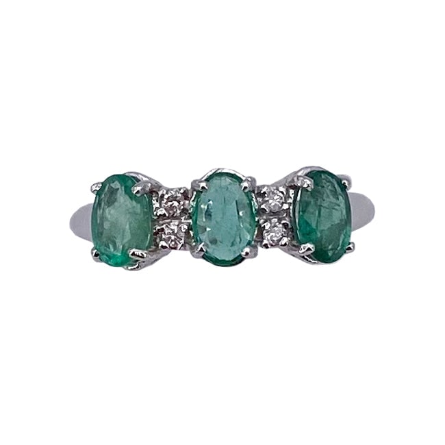 Emeralds and diamonds trilogy ring; 2.28 gr.: Classic 18k white gold trilogy ring with emeralds and diamonds. Designed to offer the best value for money. A must have in green variant from minimum expense and maximum return! Our company's certific