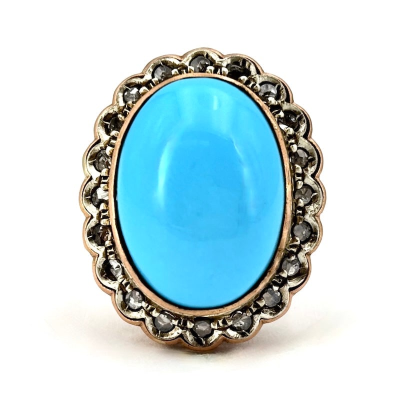 Maxi daisy/patch ring in oval turquoise, diamonds, gold and silver; 9.88 gr (1 of 6)
