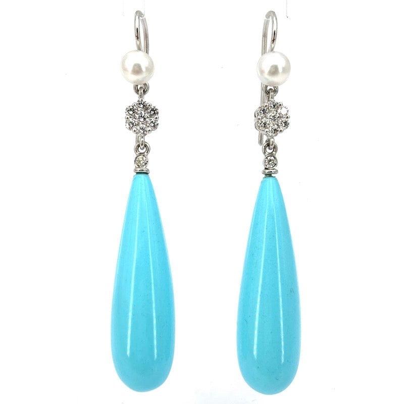 Brilliant flower earrings with long turquoise paste drops, pearls, and gold - 10.64 g (1 of 6)