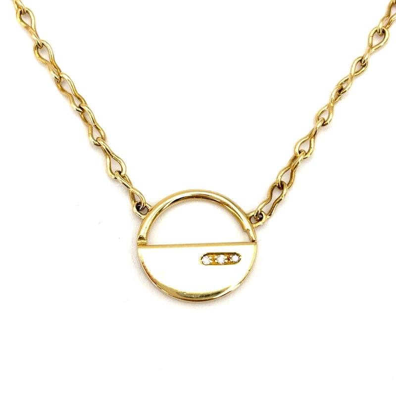 Yellow gold button pendant necklace with trilogy rhinestones; 13.60 g - 38 cm: Necklace with circular button/padlock-style pendant (1.8 cm in diameter), in 18 kt yellow gold and a trilogy of diamonds. Solid gold, but a stylized design, beautiful!!! Our company's certification is