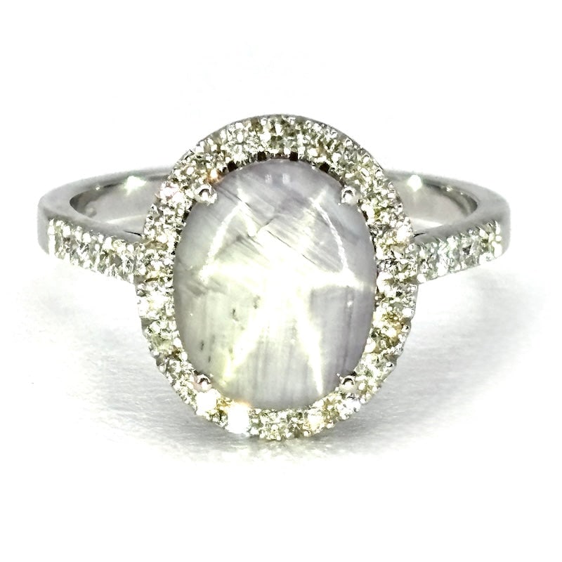 Asteria blue sapphire cabochon ring, diamonds and gold; 4.27 g (1 of 6)