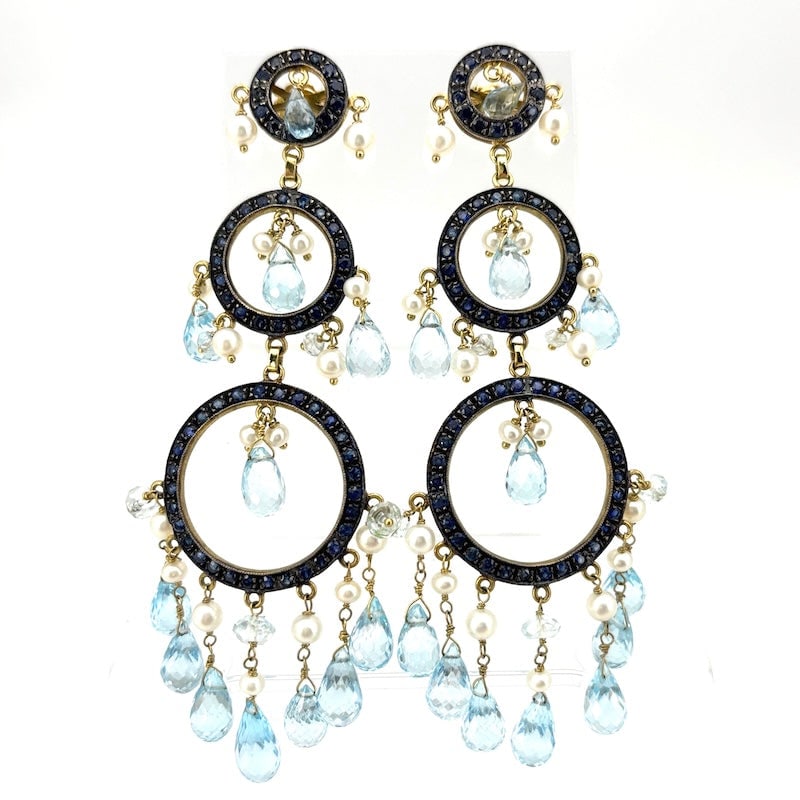 Maxi Bohemian drop earrings in silver, gold, pearls, and gems - 9 cm; 23 g: A theatrical and choreographic pair of maxi drop earrings in bohemian style in gilded silver and gold, with sapphires, freshwater pearls, and topazes! The timeless chandelier design, for a youthful ea