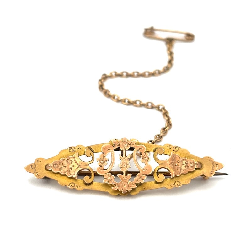 English brooch, late 19th-early 20th century, Birmingham, gold; 3.09 g: Enchanting and magical vintage jewel, an authentic piece of English brooch from the late 19th/early 20th century, Birmingham. Antique brooch with safety chain in 9kt yellow gold, admirably crafted, wi